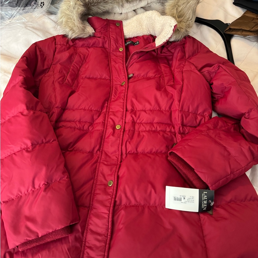 Ralph Lauren Red Puffer Jacket with Faux Sherpa Trim
